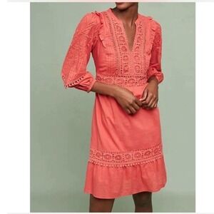 Anthropologie Akemi +‎ Kin Josephine Coral Embroidered Lace Trim Dress
